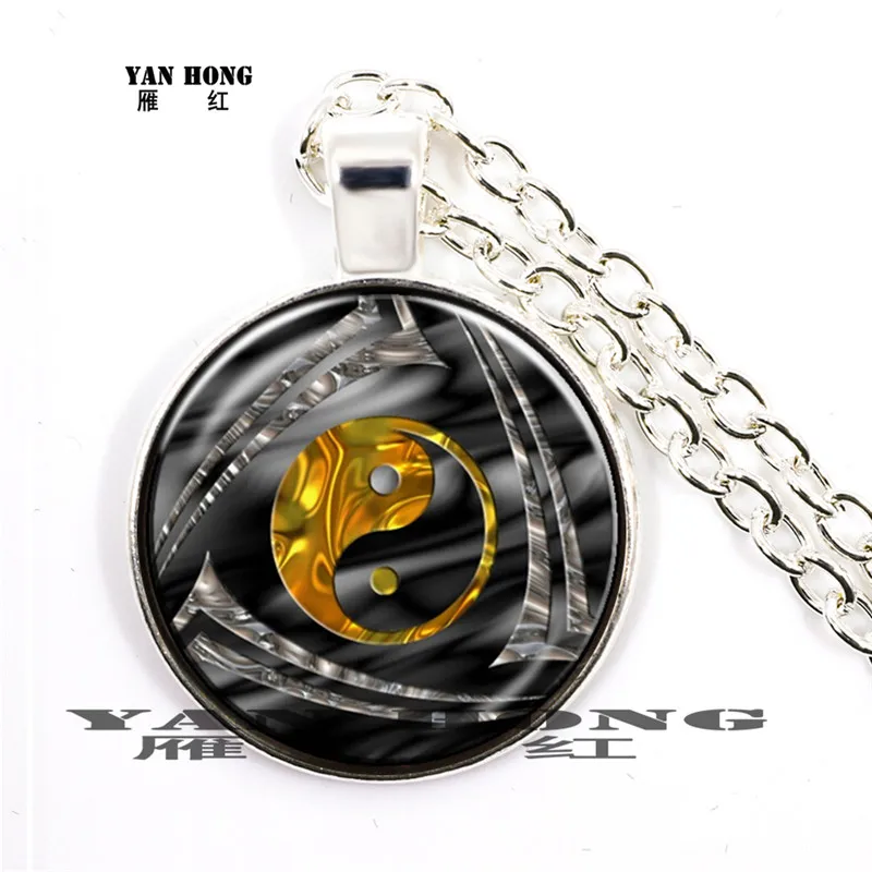 Золотой Инь-Ян кулон для Тай Чи ожерелье Античная Бронза цепь стеклянный кабошон