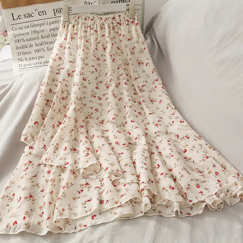 

Medium length chiffon skirt women's summer 2021 new high waist A-line small fresh floral irregular Ruffle Skirt