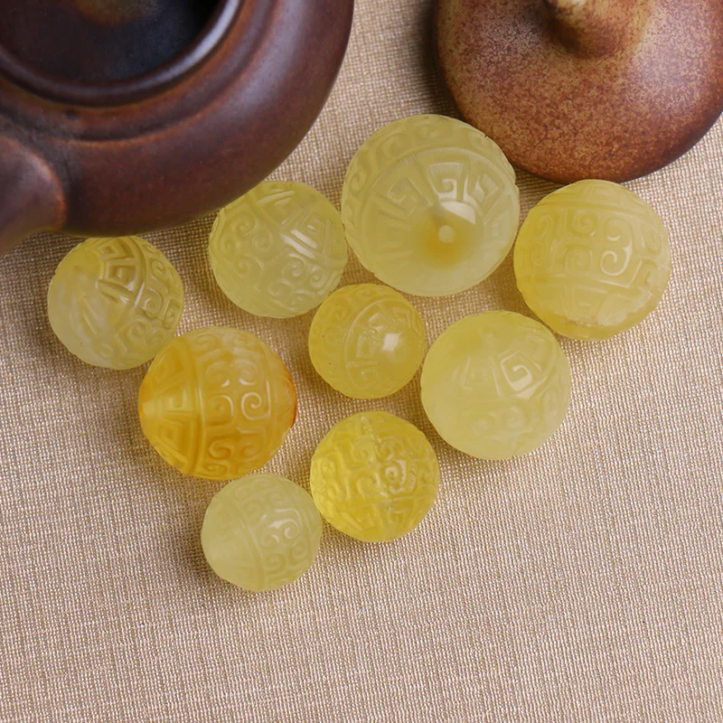 

AMBER YELLOW ROUND carved 8-16mm for DIY jewelry making loose beads FPPJ wholesale beads nature gemstone peace buckle