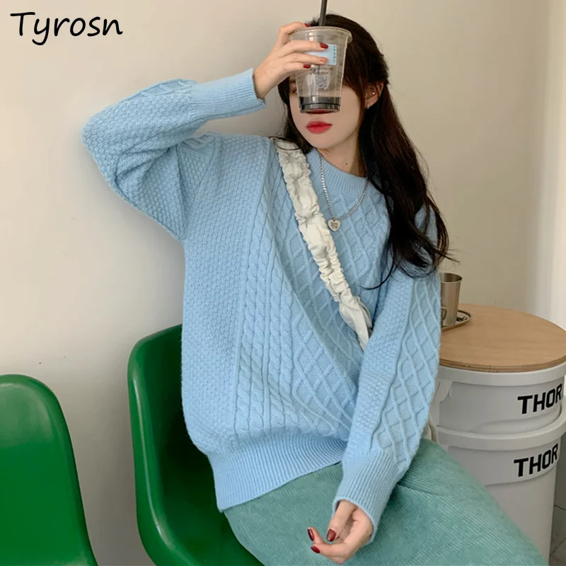 

Women Solid Pullovers Tender Soft O-neck Candy Color Sweaters Slouchy Mori Girls Twist Knitting Ulzzang Loose Warm All-match New