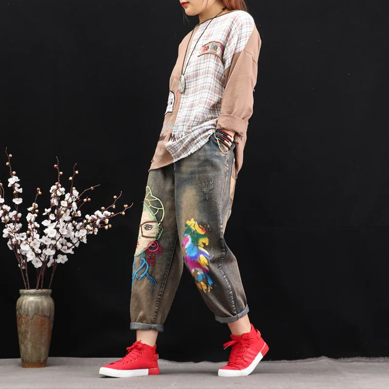 Женские джинсы с вышивкой в стиле ретро потертые винтажные шаровары эластичной
