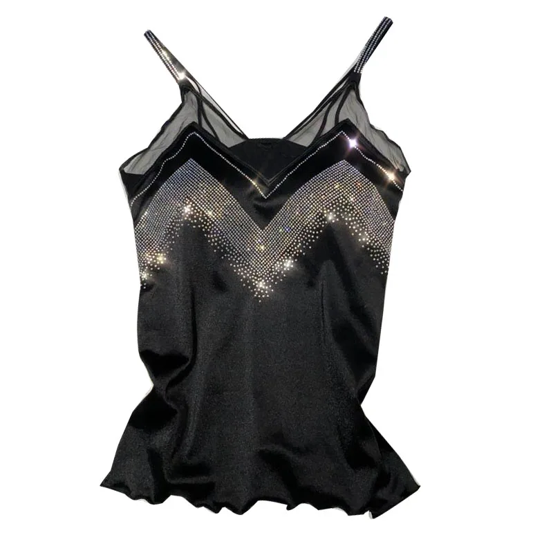 

2021 Spring New Camisole Rhinestone Shoulder Strap Mesh Stitching Sexy Mercerized Cotton Small Sling Vest for Women