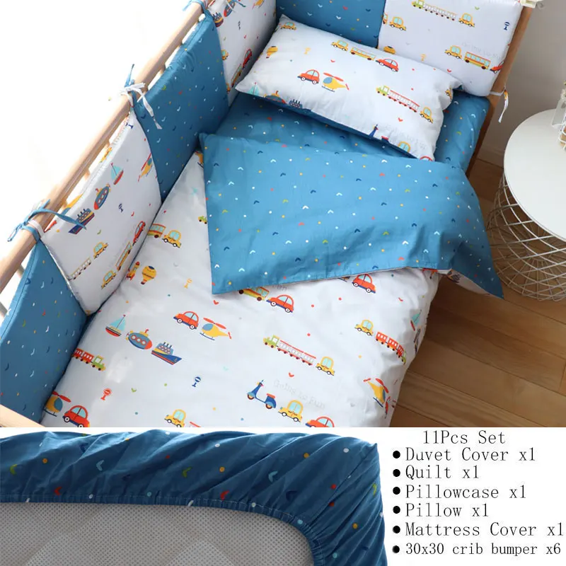 Baby Bedding Set For Boy Girl Nordic Cotton Baby Bed Linen For Newborns Kids Crib Bedding With Bumper Cot Kit Allow Custom Size - Цвет: Traffic 11Pcs Cover