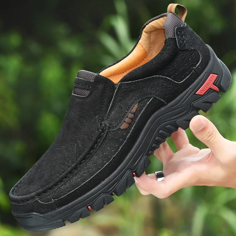 Gomaround Мужская дышащая обувь без шнуровки для пеших прогулок кожаная альпинизма