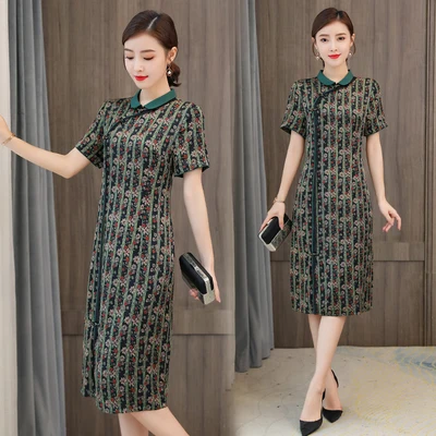 

2021 New Female Cheongsam Improved Vintage Print Midi Women Dresses Short Sleeve O-neck Slim Plus Size 4xl Elegant Women Dress