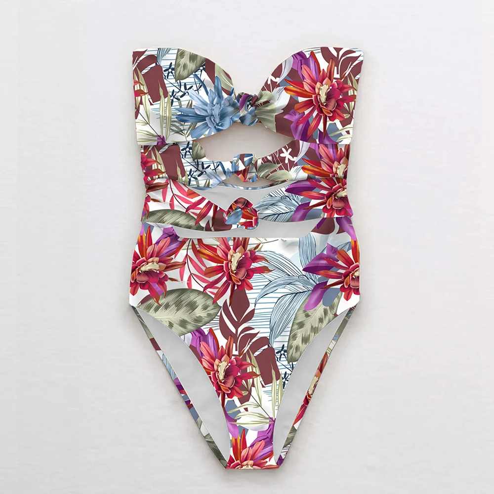 

Een Stuk Badpak Bandeau Badmode Vrouwen 2021 Afdrukken Boog Monokini Push Up Backless Badpakken Bloemen Sexy Bodysuit Beachwear