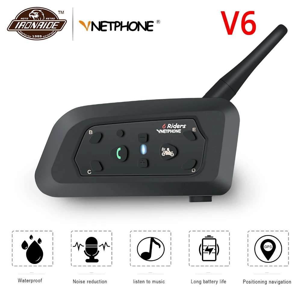 VNETPHONE 1200 м Мотоциклетный шлем, Bluetooth домофон, водонепроницаемая гарнитура, беспроводная мотоциклетная гарнитура для 6 райдеров