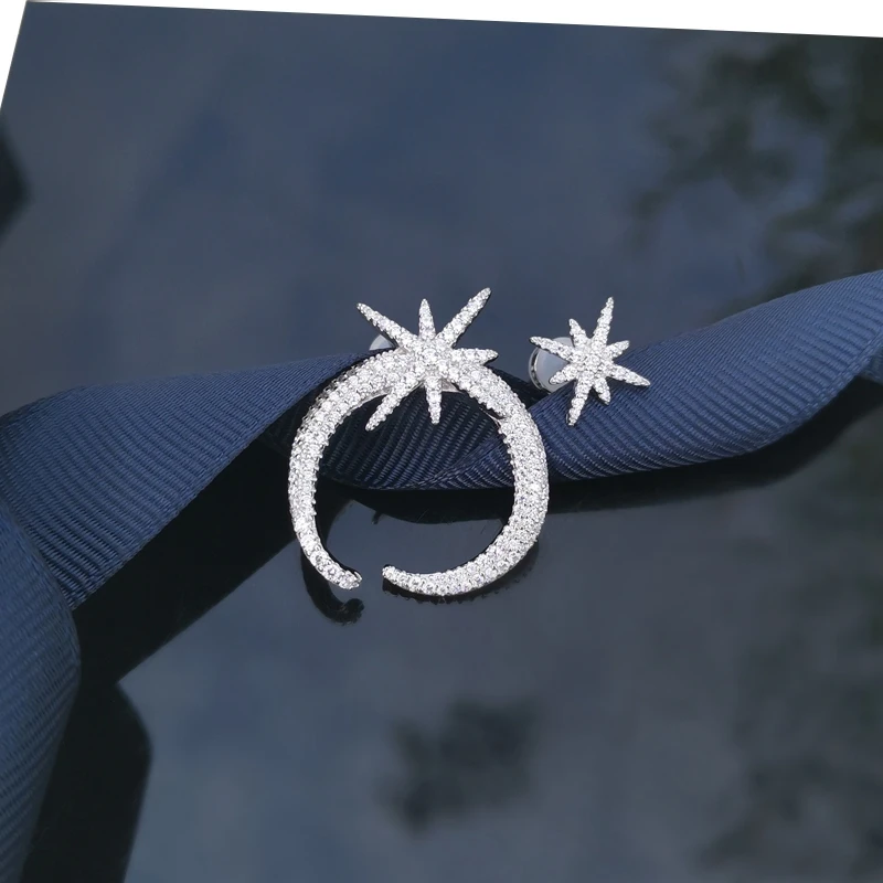 Женская Асимметричная серьга New Moon с восьмиконечной звездой из стерлингового