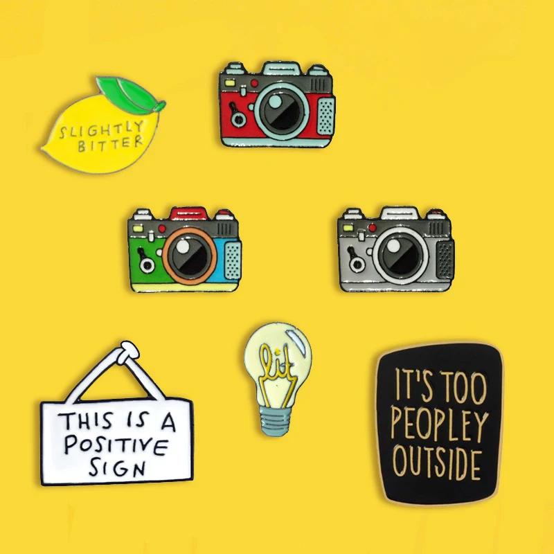 

Creative cartoon fruit lemon peach metal enamel brooch fashion retro camera bulb badge fun personality coat backpack gift