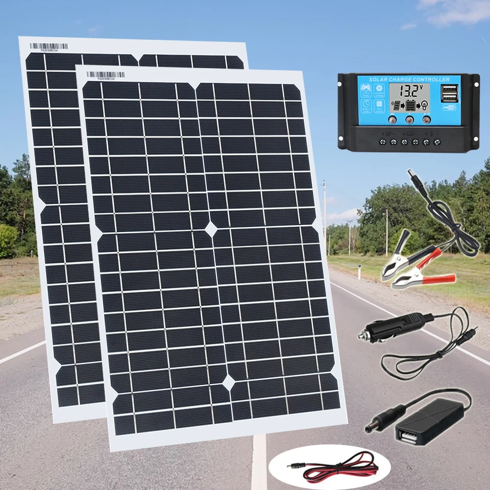 

portable solar panel kit 12v battery 5v cell phone power bank charger Monocrystalline Solar Cell 10A controller for car camping