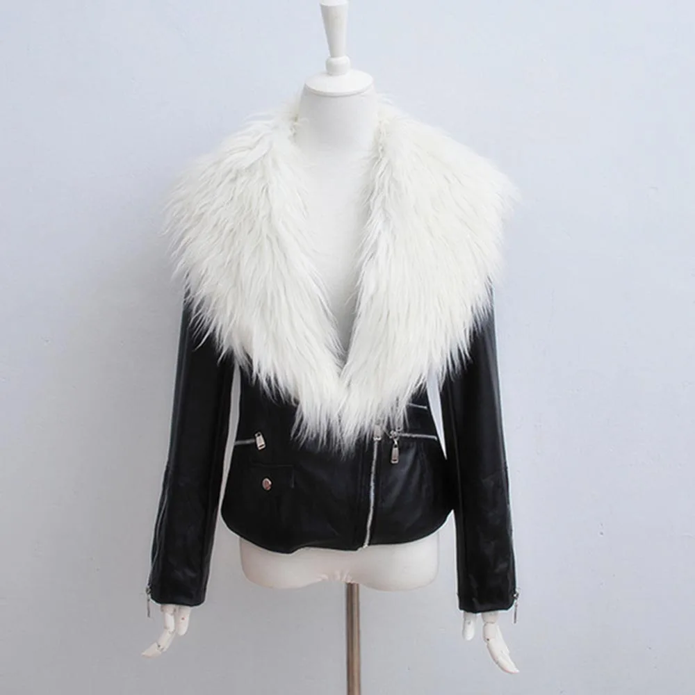 Женская теплая куртка из искусственной кожи с воротником искусственного меха