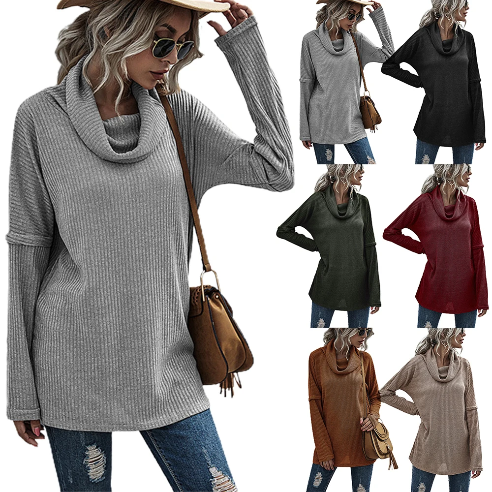 

Womens Cowl Neck Solid Color Winter Casual Sweater Full Sleeve Long Basic Knitted Tops Loose Pullovers Female Clothing