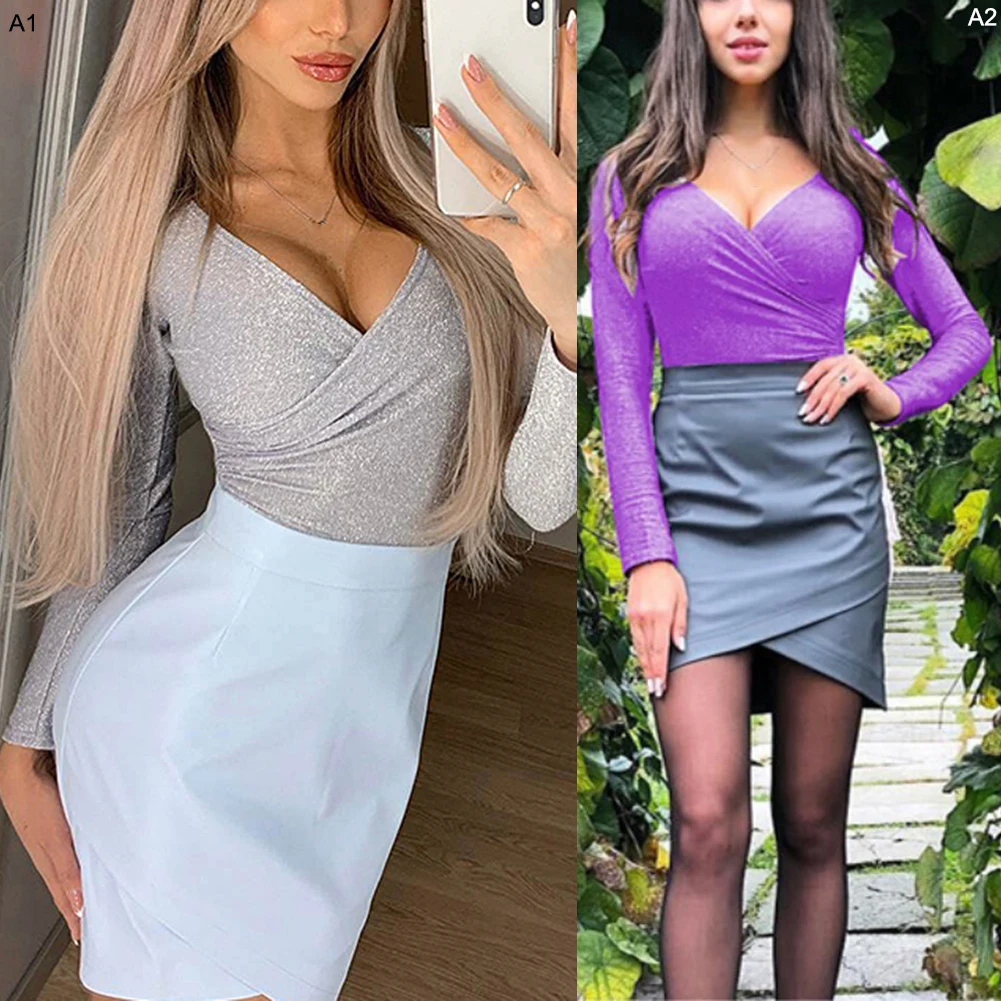 

2020 New Arrival Deep V Neck Sexy Blouse Tops Long Sleeve Crop Shirt Spring Slim Bodycon Base Blouse