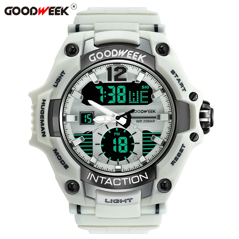 beige GOODWEEK спортивные часы с большим циферблатом для мужчин, водонепроницаемые цифровые кварцевые часы с Led двойным дисплеем, часы с хронографом, Relogios Masculino - Цвет: beige