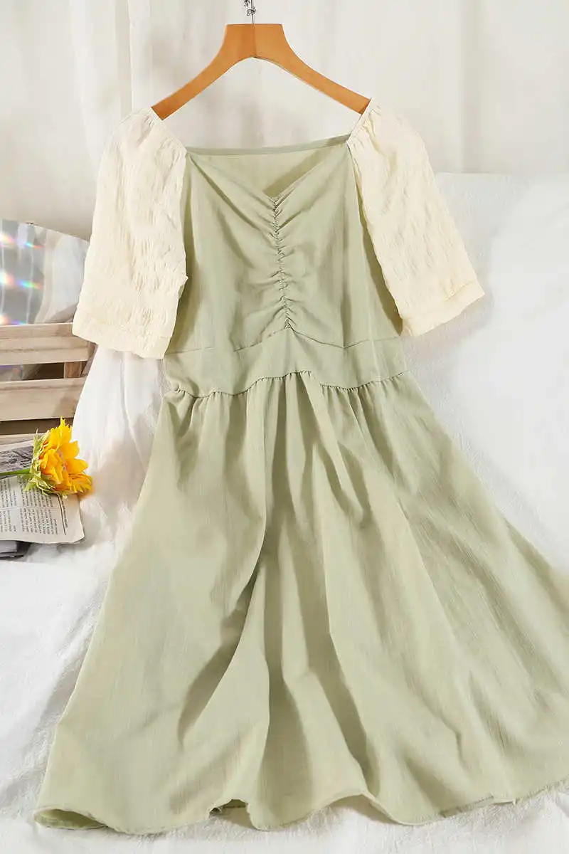 

W378 temperament foreign style square collar long skirt Platycodon grandiflorum style high waist girls' reduced age A-line skirt