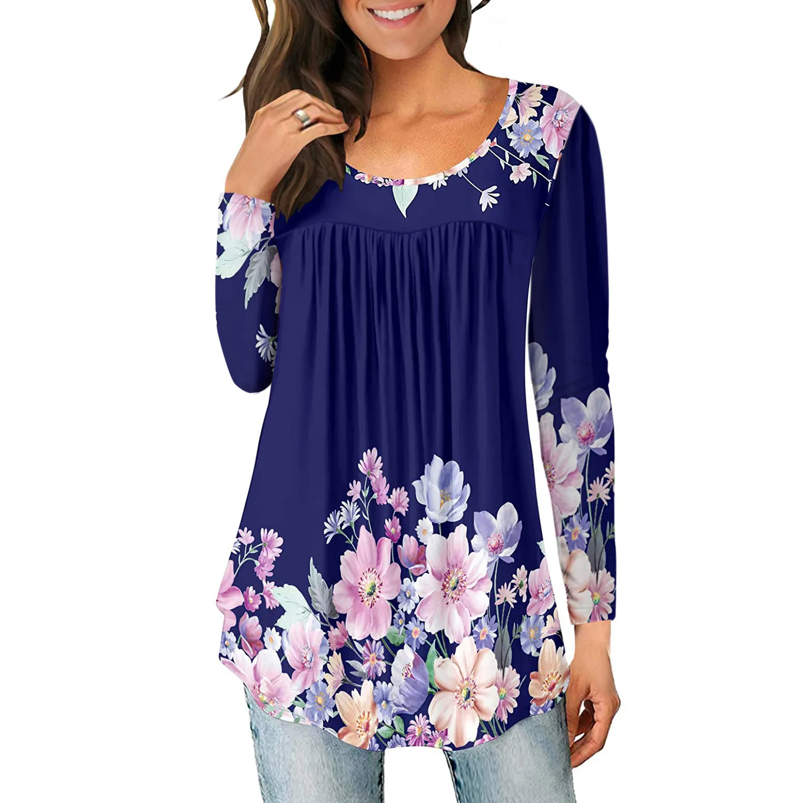 

Women's Tunic Tops Blouses Fashion Long Sleeve Round Neck Shirts Loose Fitting Casual Shirt Autumn O Neck Shirt