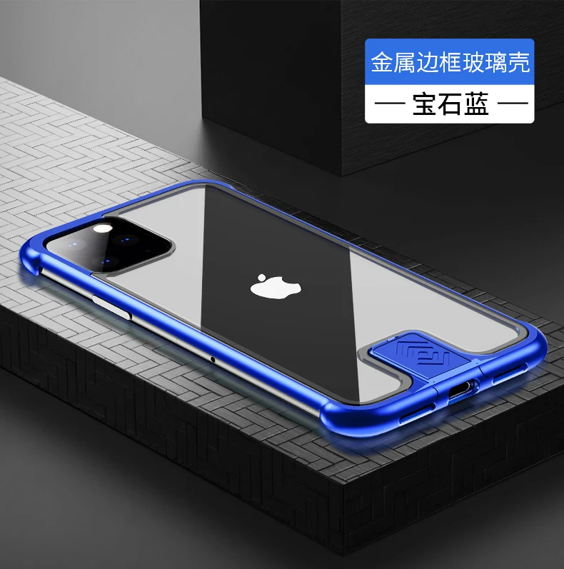 Blue Для iPhone 11 Pro Max чехол металлический бампер Защита прозрачное закаленное стекло чехол для iPhone 11 Pro 11 противоударный чехол Funda 11 Pro - Цвет: Blue