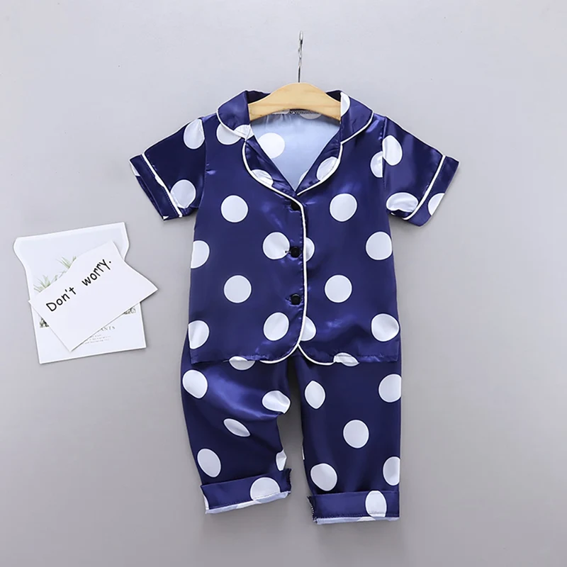 

Autumn Baby Pajamas Kids Girls Boys Clothes Wave Point Print Sleepwear Set Short Sleeve Blouse Tops+Night Pants 2PCS