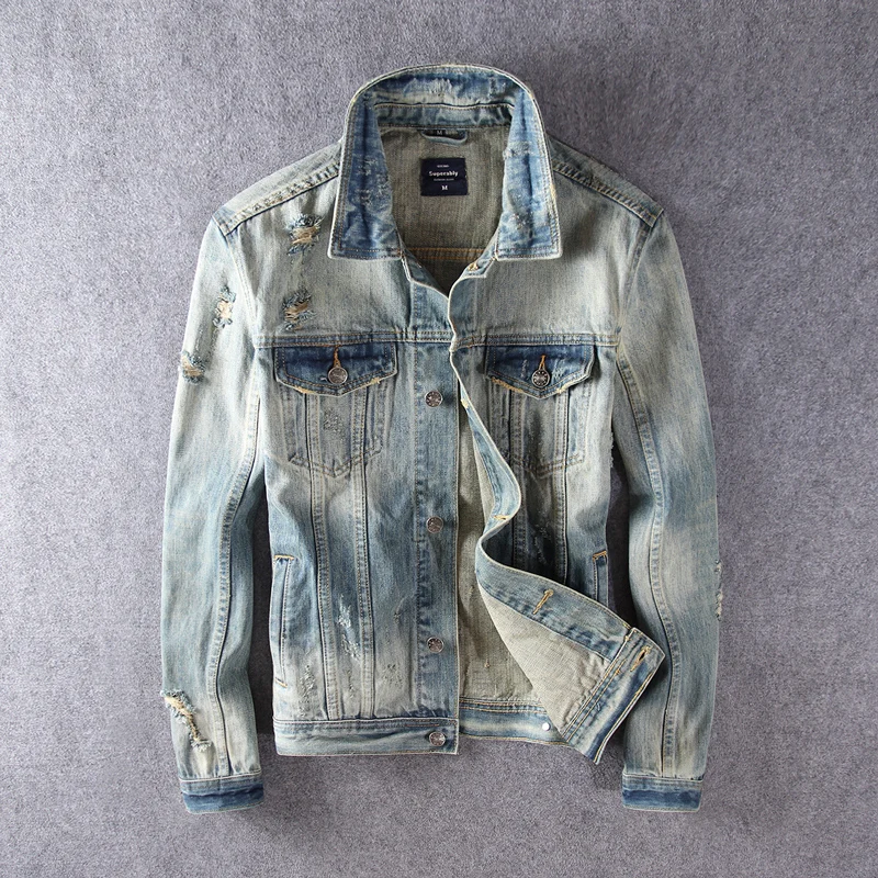 Куртка мужская рваная из денима модная уличная одежда желтая в стиле ретро