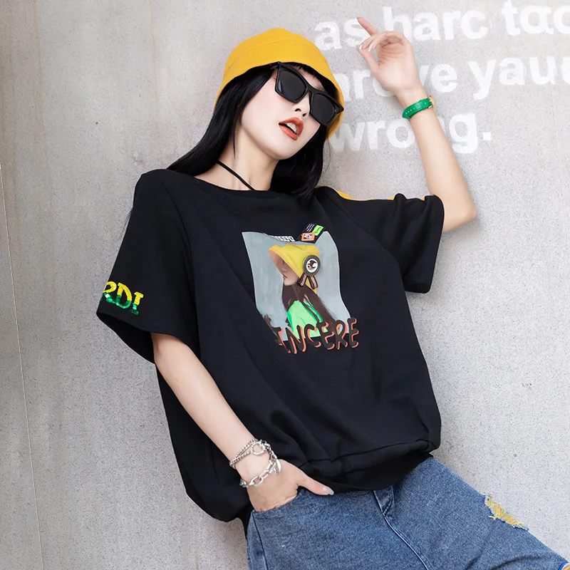 

Round Neck Letter Girls Printing Tees And Tops Loose Short Sleeve Elastic T-shirt 2021 Summer New Streetwear T Shirts Yalabovso