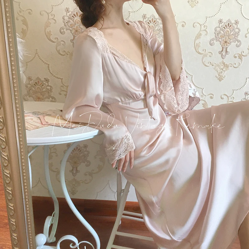 Платье женское шелковое атласное винтажная ночная рубашка принцессы сорочка из