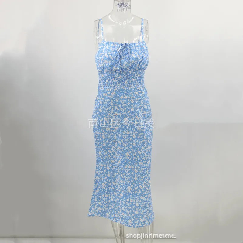 

2021 Summer New Sexy Sling Halter Lace-Up Printed Dress Women Fashion Off Shoulder Sleeveless Slim Fishtail Dress Femme Vestidos