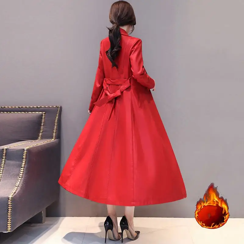 

Women 2019 Autumn Winter X-Long Faux Leather Coat Soft Slim Leather Jacket Female Fashion Sheepskin Trench Coat With Belt T127