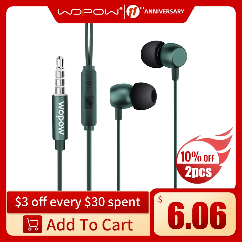 

WOPOW Wired Earphones with Microphone Super Bass HiFi Stereo Hands-free Volume Control 3.5mm In-ear Headset for Huawei Samsung