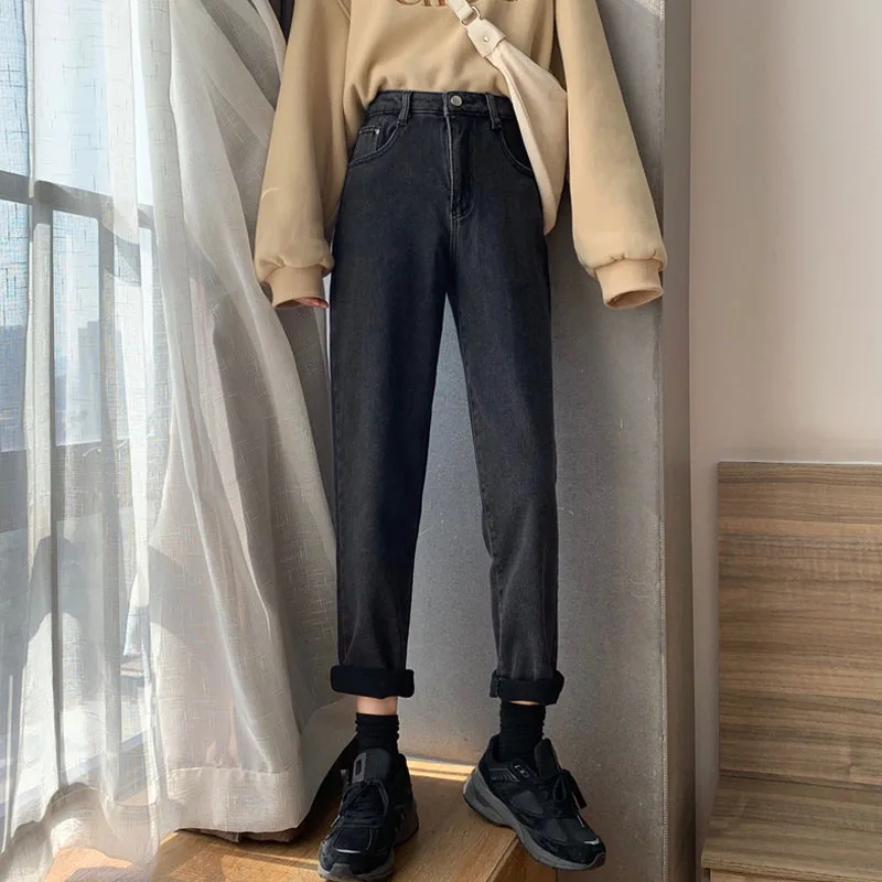 Джинсы-бойфренды женские хлопковые с высокой талией черные большого размера |