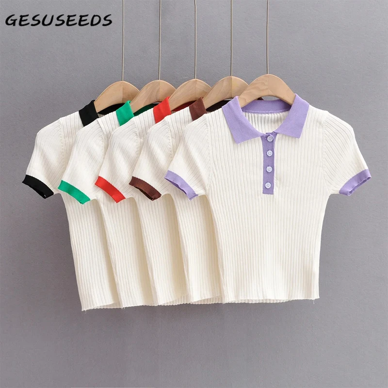 

Summer shirt women korean short sleeve polo shirts knitted patchwork top ribbed vintage t shirt women polo collar shirts buttons