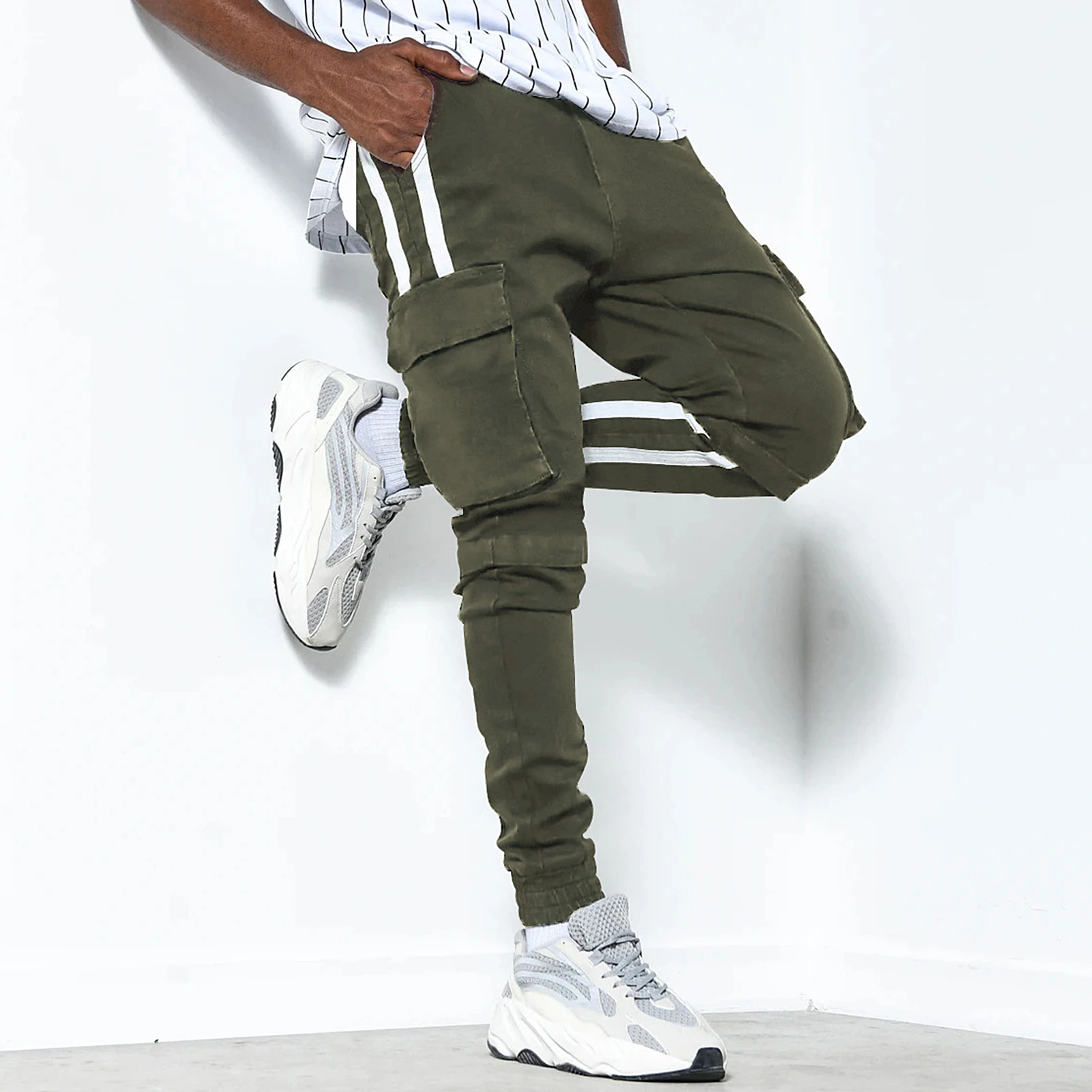

Men Stripes Patchwork Multi Pocket Ankle Tied Sports Cargo Pants Long Trousers