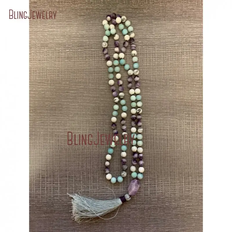 

Amethysts Guru Nugget Mala Amazonite Mable White Turquoises Stone 108 Mala Necklaces Gray Tassel Mala MN32060