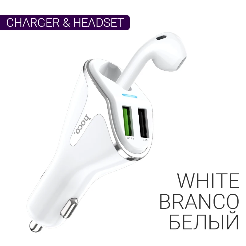 hoco автомобильное зарядное устройство два USB для QC3.0 FCP AFC 18W 3.1A беспроводная гарнитура правое ухо наушник с микрофоном юсби адаптер для машины юсб быстрая зарядка телефона универсальный зарядник в авто - Тип штекера: White