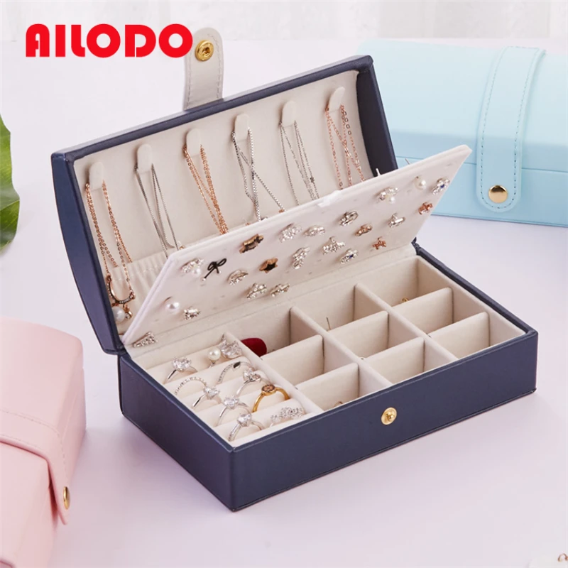 

Ailodo New Women Double Layers Jewelry Box Portable PU Leather Necklace Earrings Rings Bracelets Jewelry Packaging Display Box