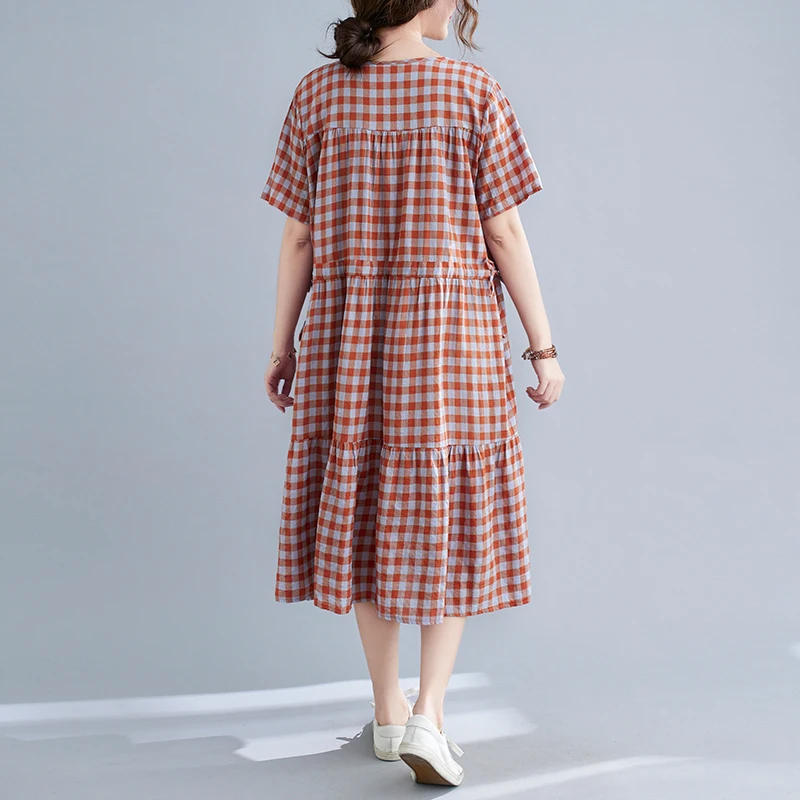 

COIGARSAM Plaid Women dress Spring Summer Loose Dresses Orange Green 2262