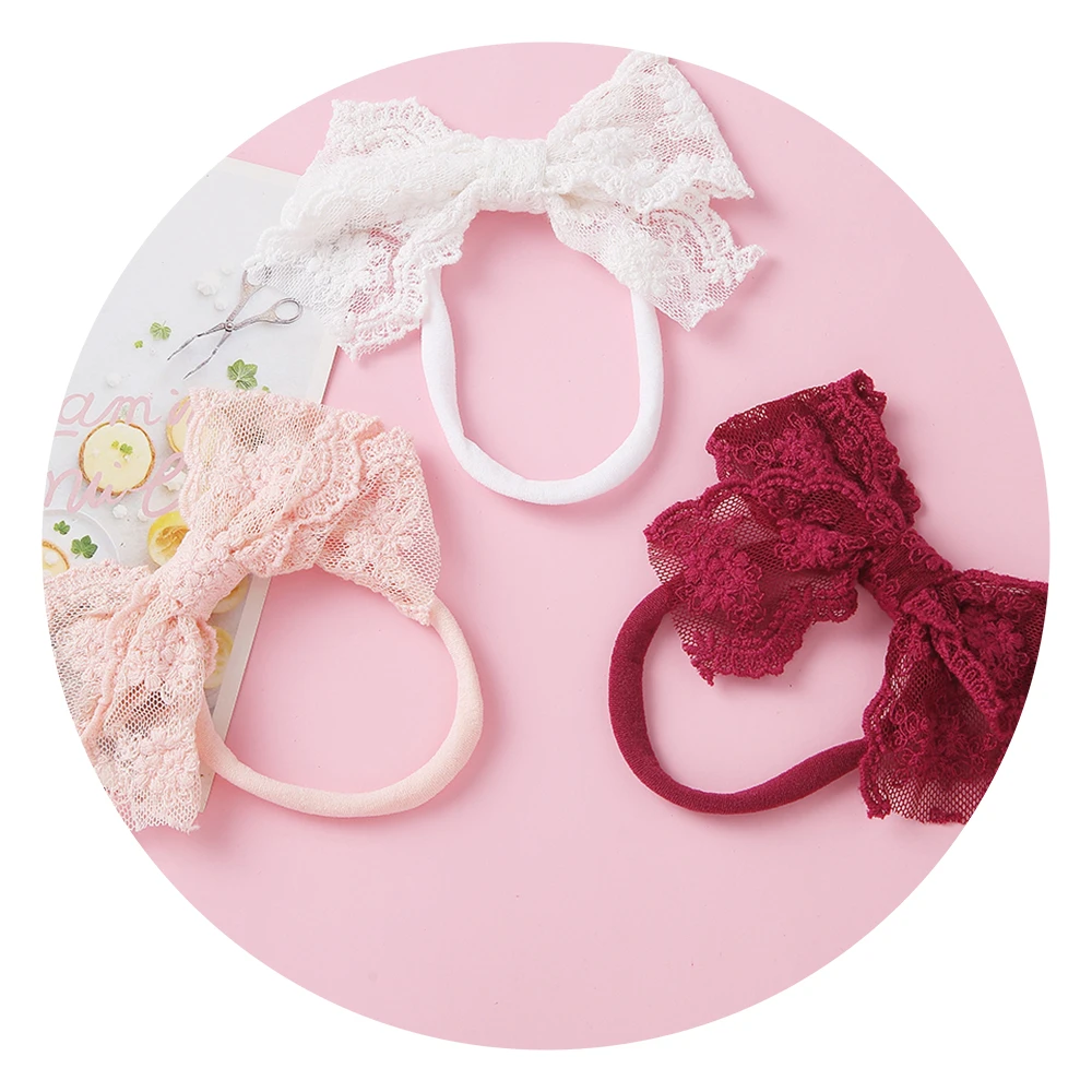 

Однотонный кружевной бант из нейлона для волос, повязка на голову для девочек, заколки для волос, Детские аксессуары, детские кружевные бант...