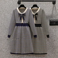 ehqaxin autumn winter new elegant dresses for women sweet v neck bowknot striped a line knitted dress female s 2xl