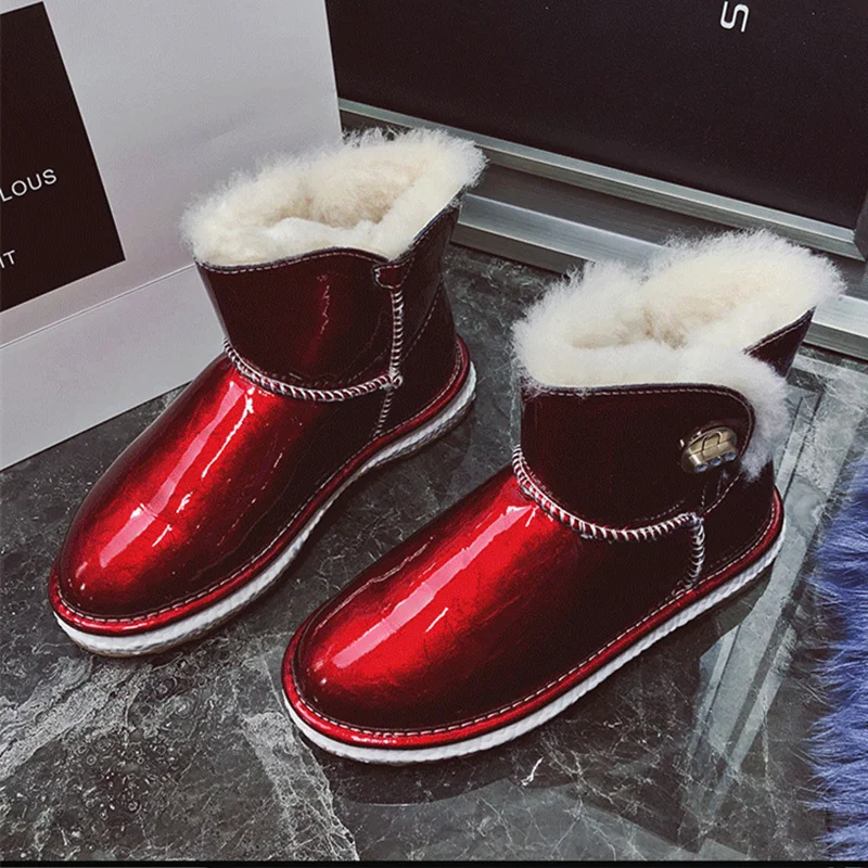 Женские зимние ботинки из натуральной кожи с шерстью зеркальные