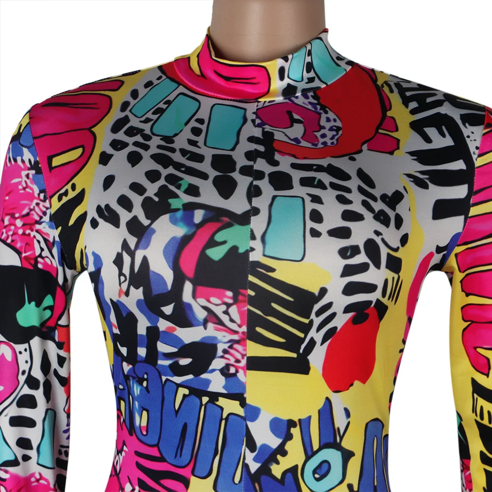 

Graffiti Letter Print Rompers Womens Jumpsuit Sexy Crew Neck Long Sleeve Night Party Club Catsuit Streetwear Slim Fit Bodysuits