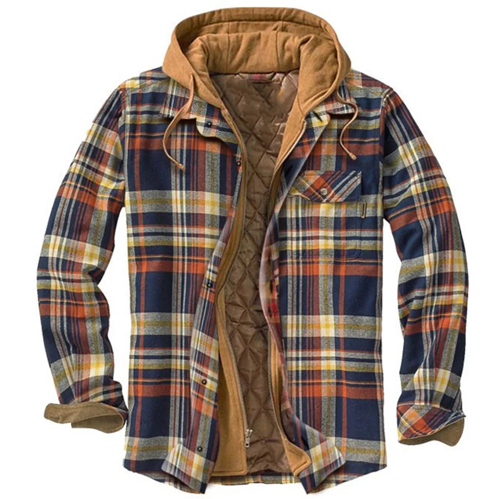 

New Hooded Plaid Print Fall Men's Jacket Autumn Winter Fashion Male Coat Casual Loose Men's Clothing Thick Long-sleeved Tops