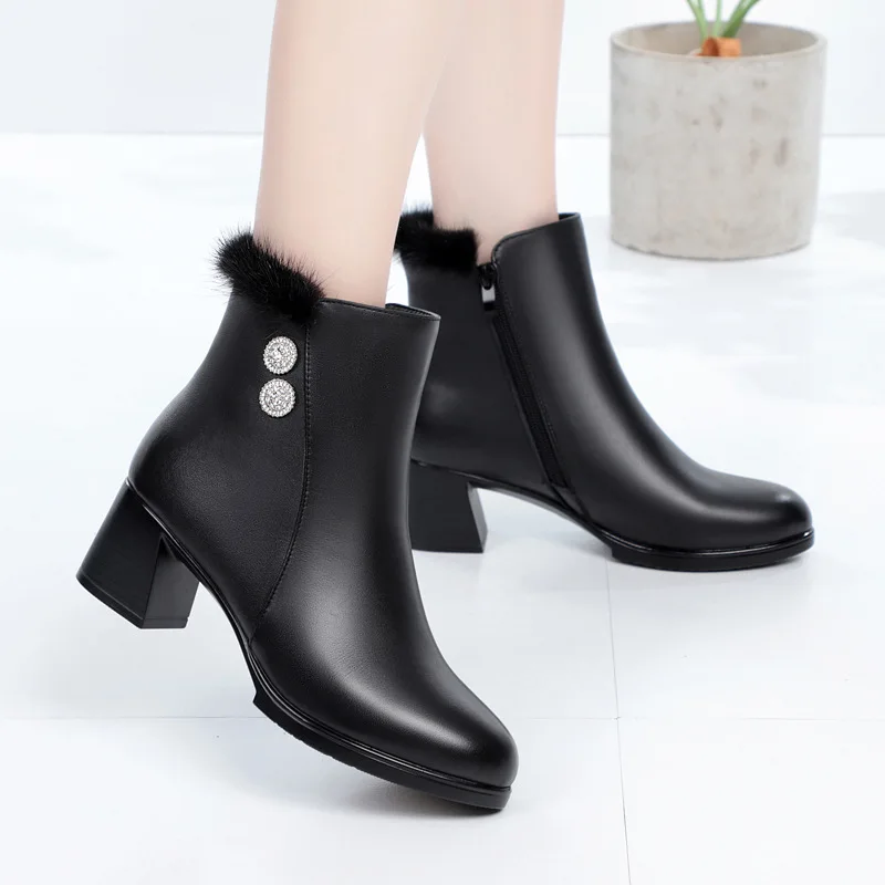 

ZXRYXGS Brand Boots Plush and Wool Comfortable Warm Snow Boots Women Shoes High Heels Non-slip Pointed Genuine Leather Boots