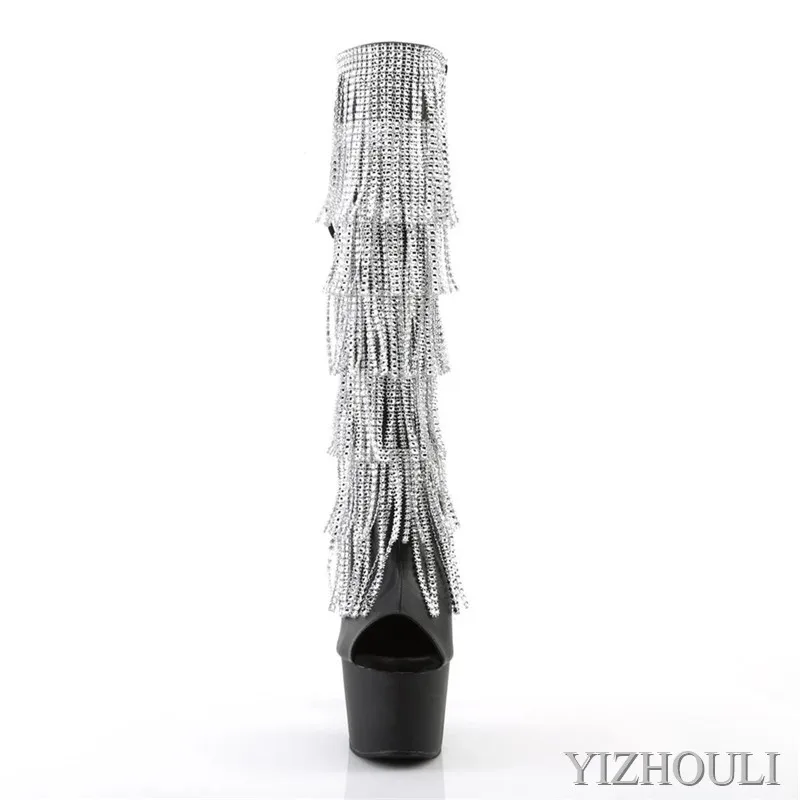 Блестящие средние ботинки с бахромой туфли на высоком каблуке 17 см круглым