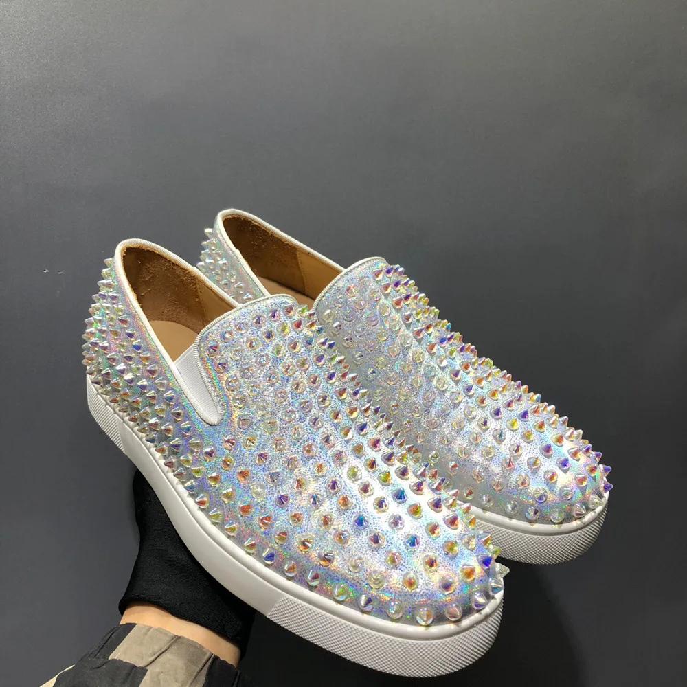 

White Magic Color Derm Leather Low Top Full Pearl Rivets Red Bottoms Mens Shoes Flat Luxury Ladies Spikes Loafers Casual Shoes