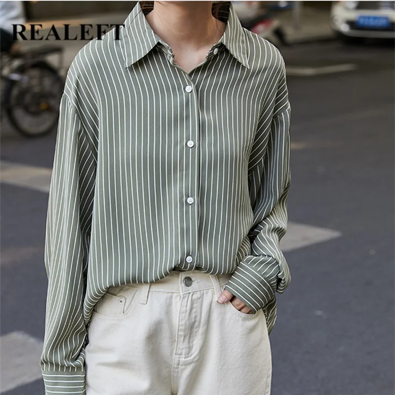 

REALEFT Autumn New 2020 Fruit Green Striped Women's Shirts Blouses Button Long Sleeve Office Lady Female Loose Shirts Korean