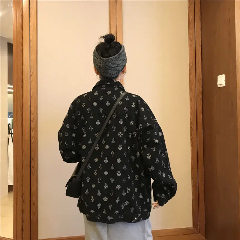 

Spring and Autumn Denim Jacket Women's Vintage New Printing Tooling Versatile Loose Student Couple Jacket Top