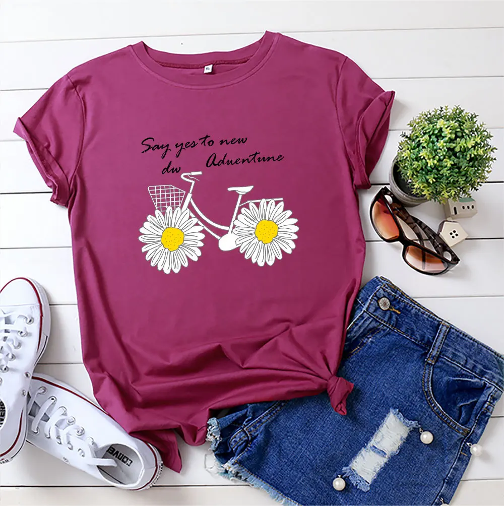 

Woman Fashion Tops Daisy Bicycle Print T-Shirt O Neck Short Sleeve 100%Cotton Basic Tee Shirt Summer Plus Size 5XL Women TShirt