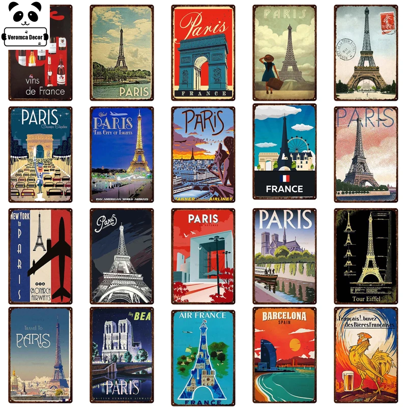 

France Paris Vintage Metal Poster Plaque Metal Vintage Coffee Bar House Home Living Room Decorative Wall Decor Metal Tin Sign