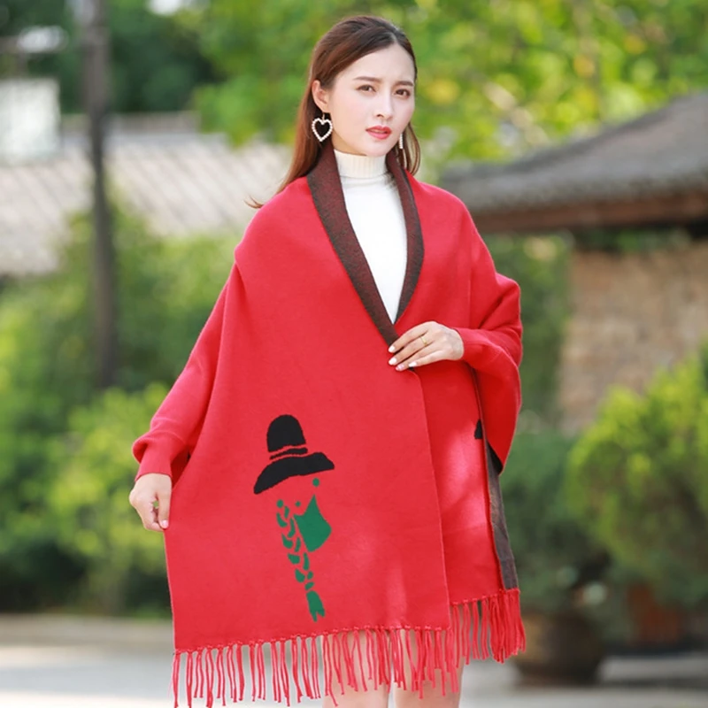 

Brand Designer new cashmere Poncho shawl with sleeves women in autumn winter thick warm double-sided solid tassel cloak girls