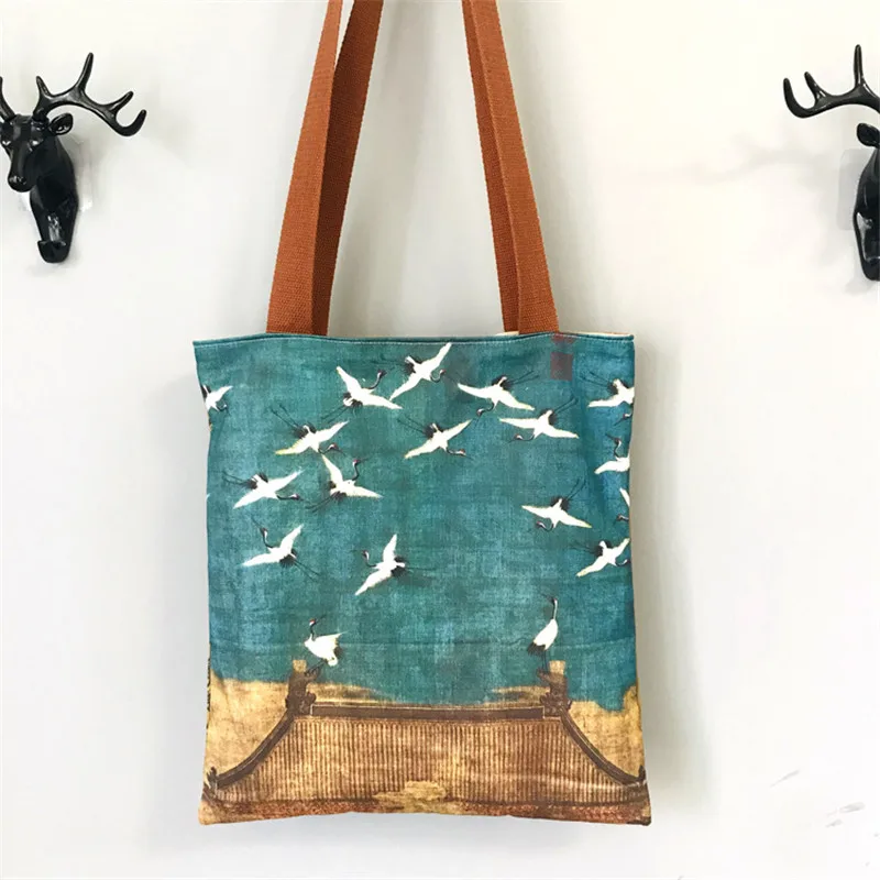 

Shopping Bag Chinese Paint Birds Word Prints Cultured Canvas Bag Hasp Closure Cotton Lining Unisex Shoulder bag 34*37cm Unique