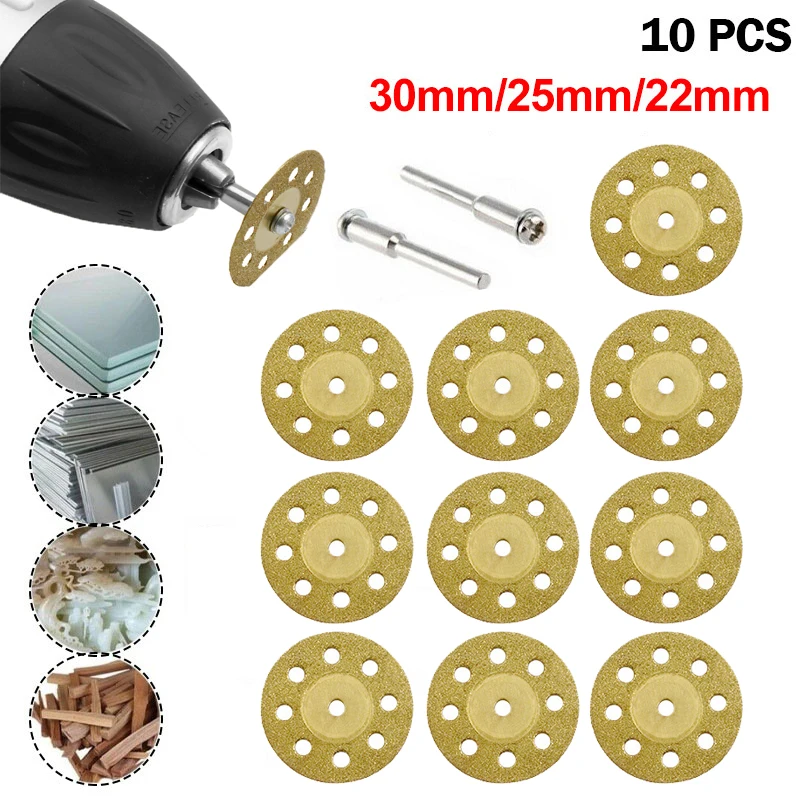 

10pcs/set 22/25/30mm Mini Diamond Saw Blade Silver Cutting Discs with 2X Connecting Shank for Dremel Drill Fit Rotary Tool